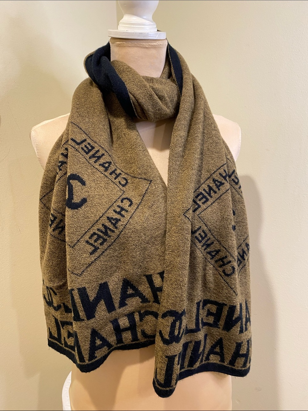 CHANEL Brown and Black Logo Wool Wrap Scarf